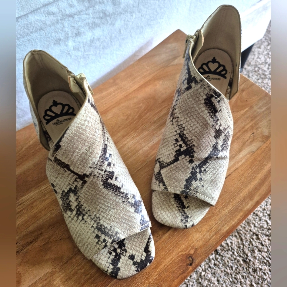 Women's "Fergalicious "Snakeskin Patterned Toe Booties
